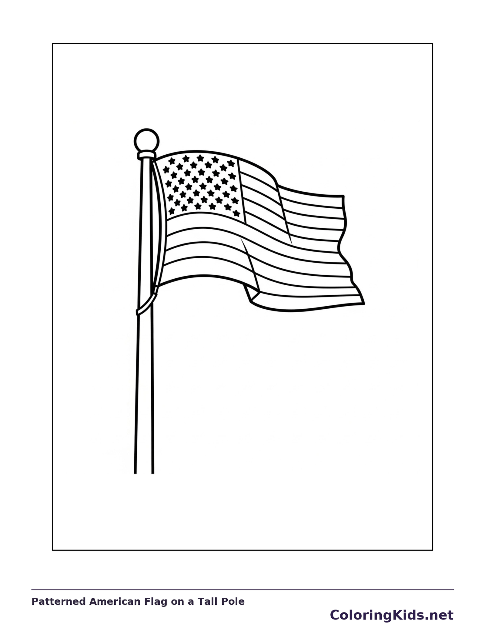 Patterned American Flag on a Tall Pole coloring page: black and white line art to print or color online
