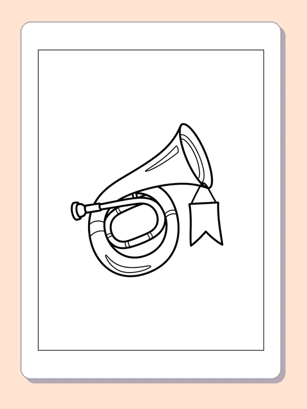 Bugle with a Hanging Ribbon coloring page: black and white line art to print or color online