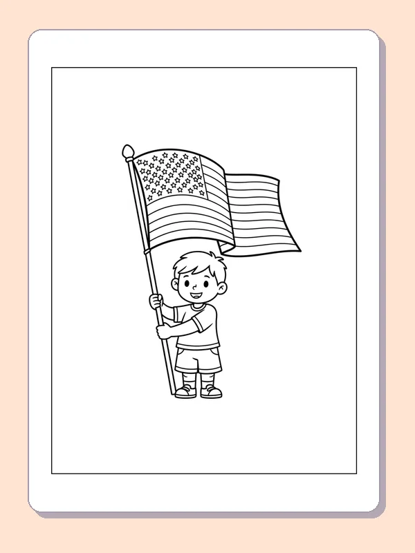 Child Holding a Patterned American Flag coloring page: black and white line art to print or color online