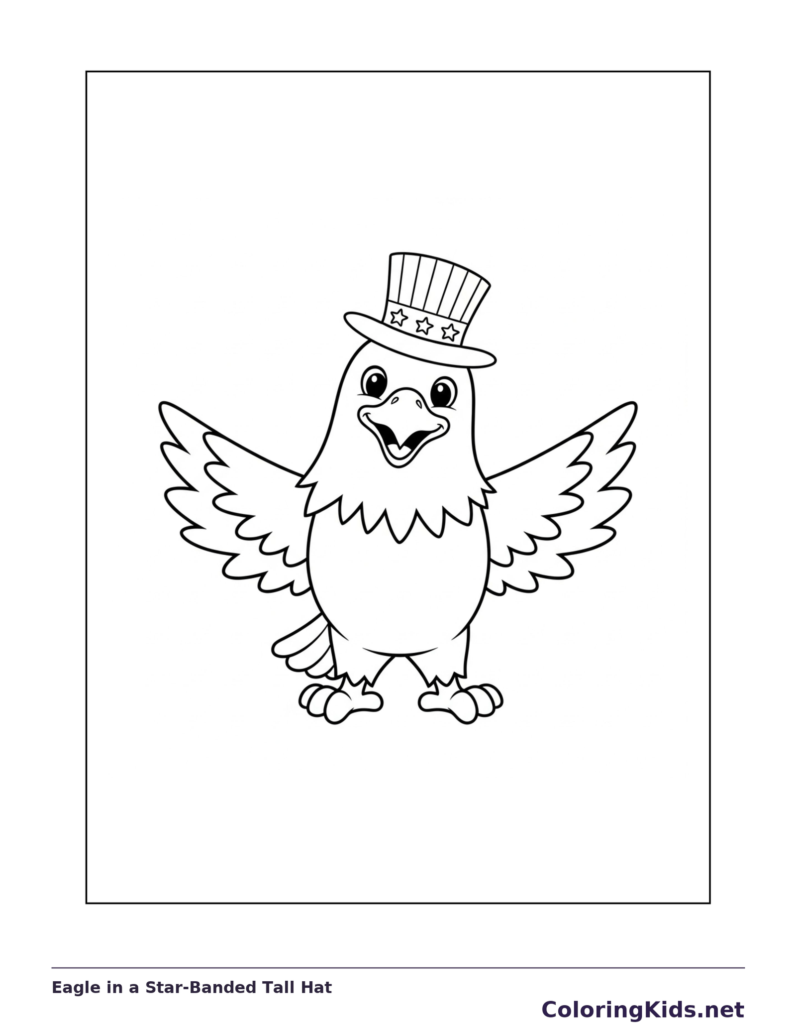 Eagle in a Star-Banded Tall Hat coloring page: black and white line art to print or color online