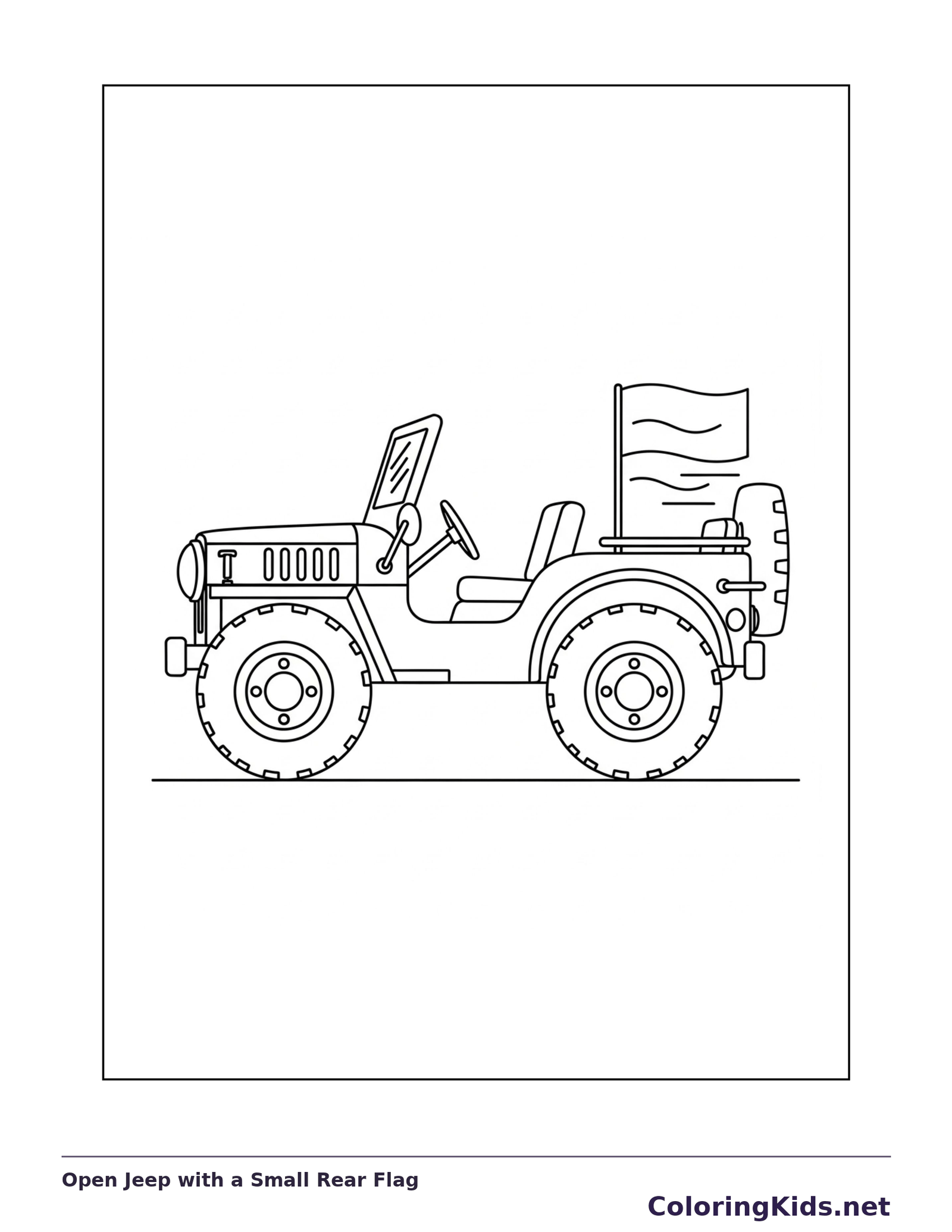 Open Jeep with a Small Rear Flag coloring page: black and white line art to print or color online