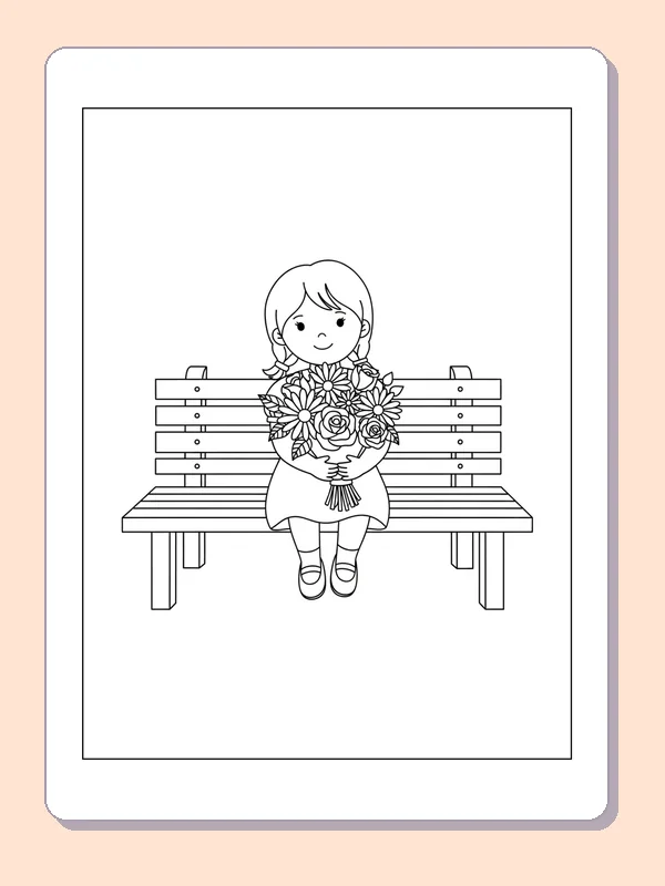 Child Holding Flowers on a Bench coloring page: black and white line art to print or color online