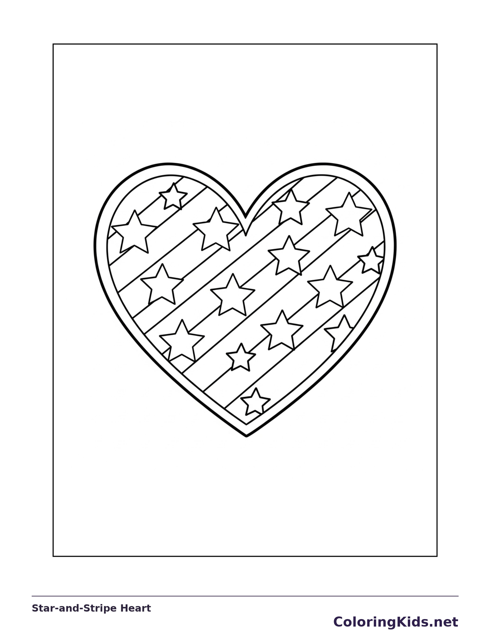 Star-and-Stripe Heart coloring page: black and white line art to print or color online