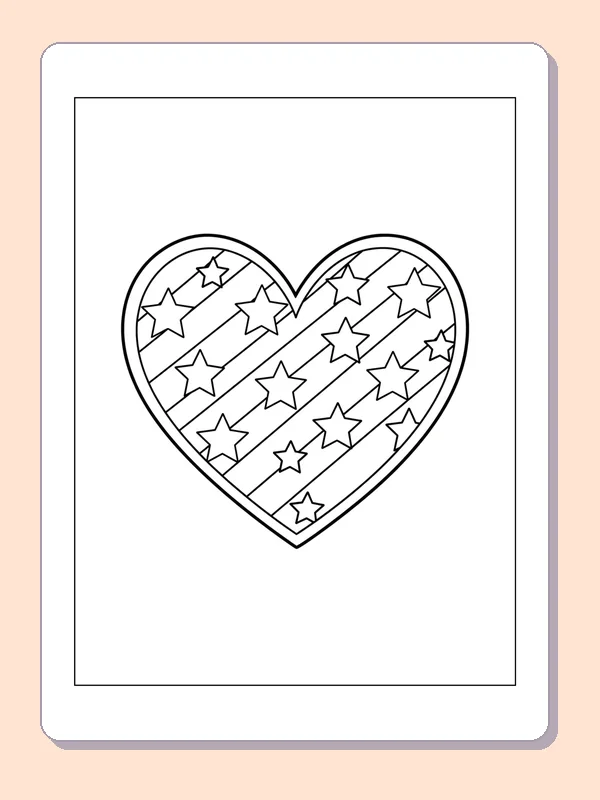 Star-and-Stripe Heart coloring page: black and white line art to print or color online