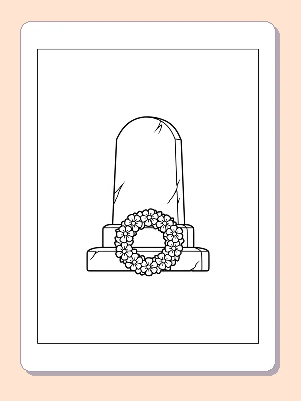 Flower Wreath at a Memorial Stone coloring page: black and white line art to print or color online