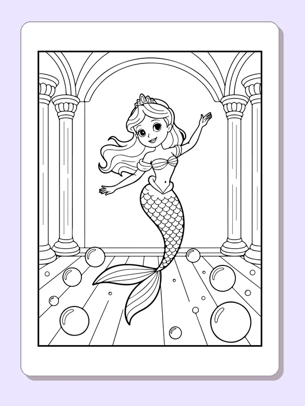 Black and white printable drawing of mermaid floating between palace arches and tall columns