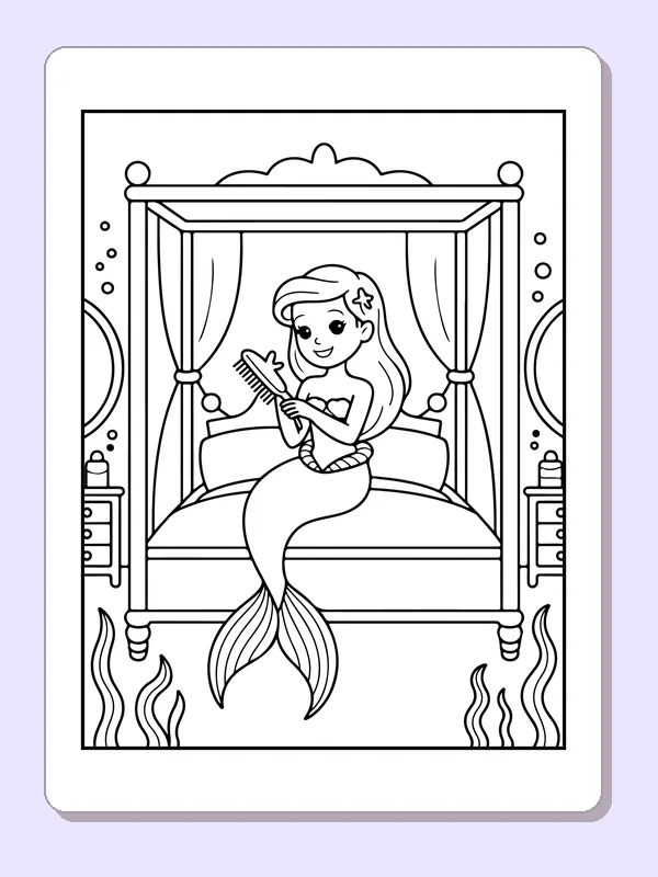 Black and white printable drawing of mermaid combing her hair while sitting on a curtained sea bed