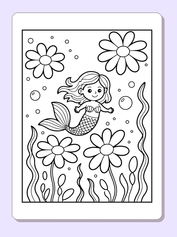Black and white printable drawing of mermaid floating among underwater flowers and bubbles