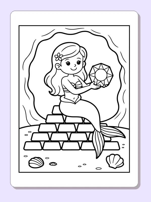 Black and white printable drawing of mermaid holding a faceted jewel while sitting in a sea cave