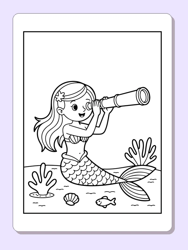 Black and white printable drawing of mermaid looking through a telescope above coral and shells