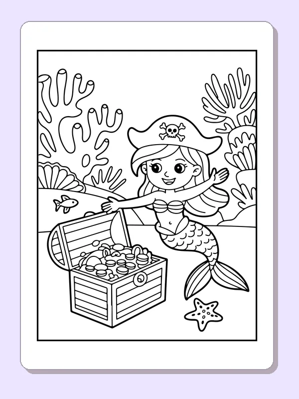 Black and white printable drawing of mermaid opening a treasure chest beside dense coral