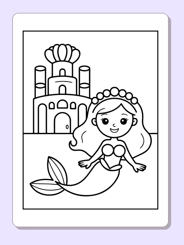 Black and white printable drawing of mermaid swimming in front of a simple sea castle