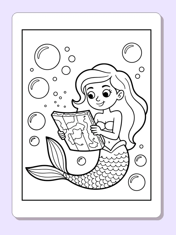 Black and white printable drawing of mermaid reading an open treasure map among bubbles
