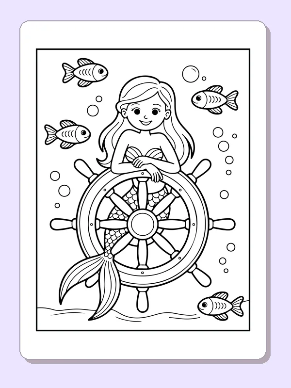 Black and white printable drawing of mermaid holding a ship wheel with fish swimming nearby