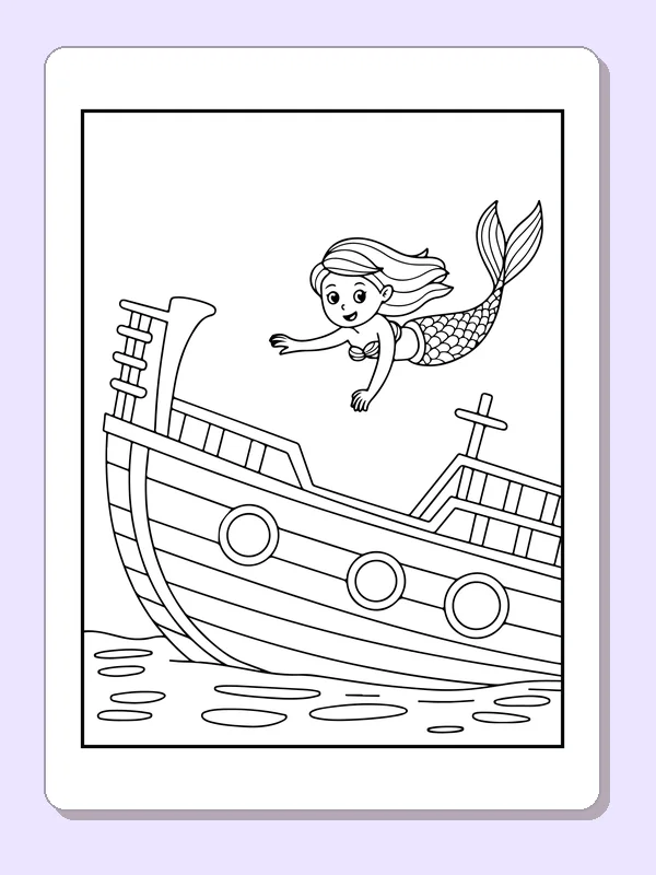 Black and white printable drawing of mermaid swimming over a tilted wooden shipwreck
