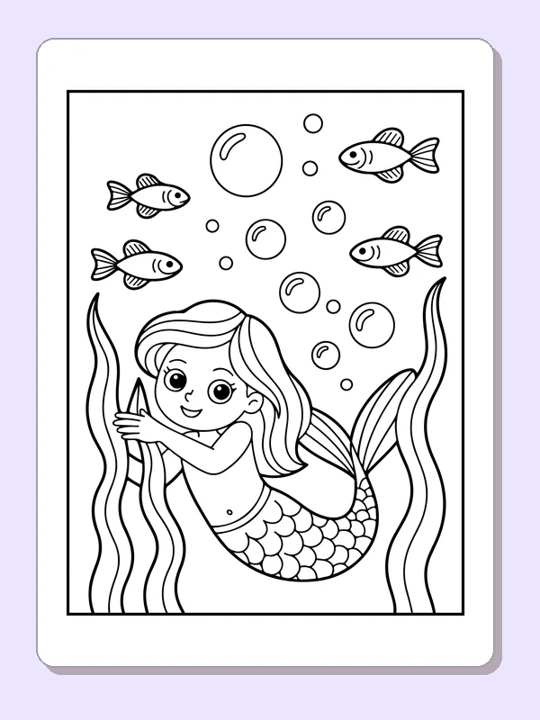 Black and white printable drawing of mermaid swimming with small fish and bubbles among sea plants