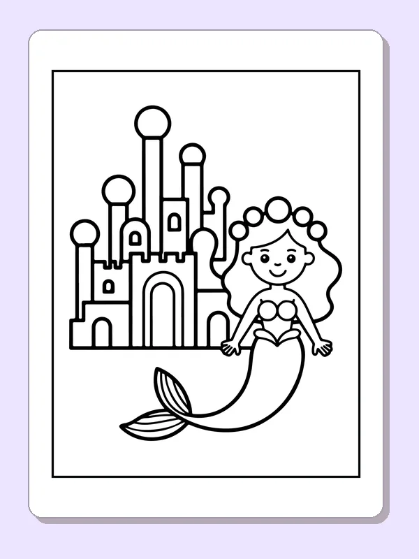 Black and white printable drawing of mermaid floating beside a tall sea castle with upright towers