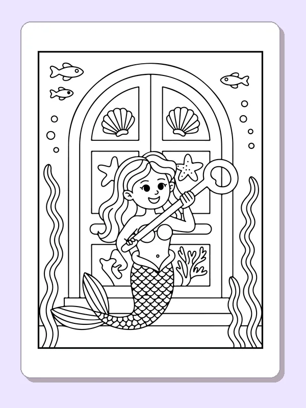 Black and white printable drawing of mermaid holding a key at an arched shell-decorated door