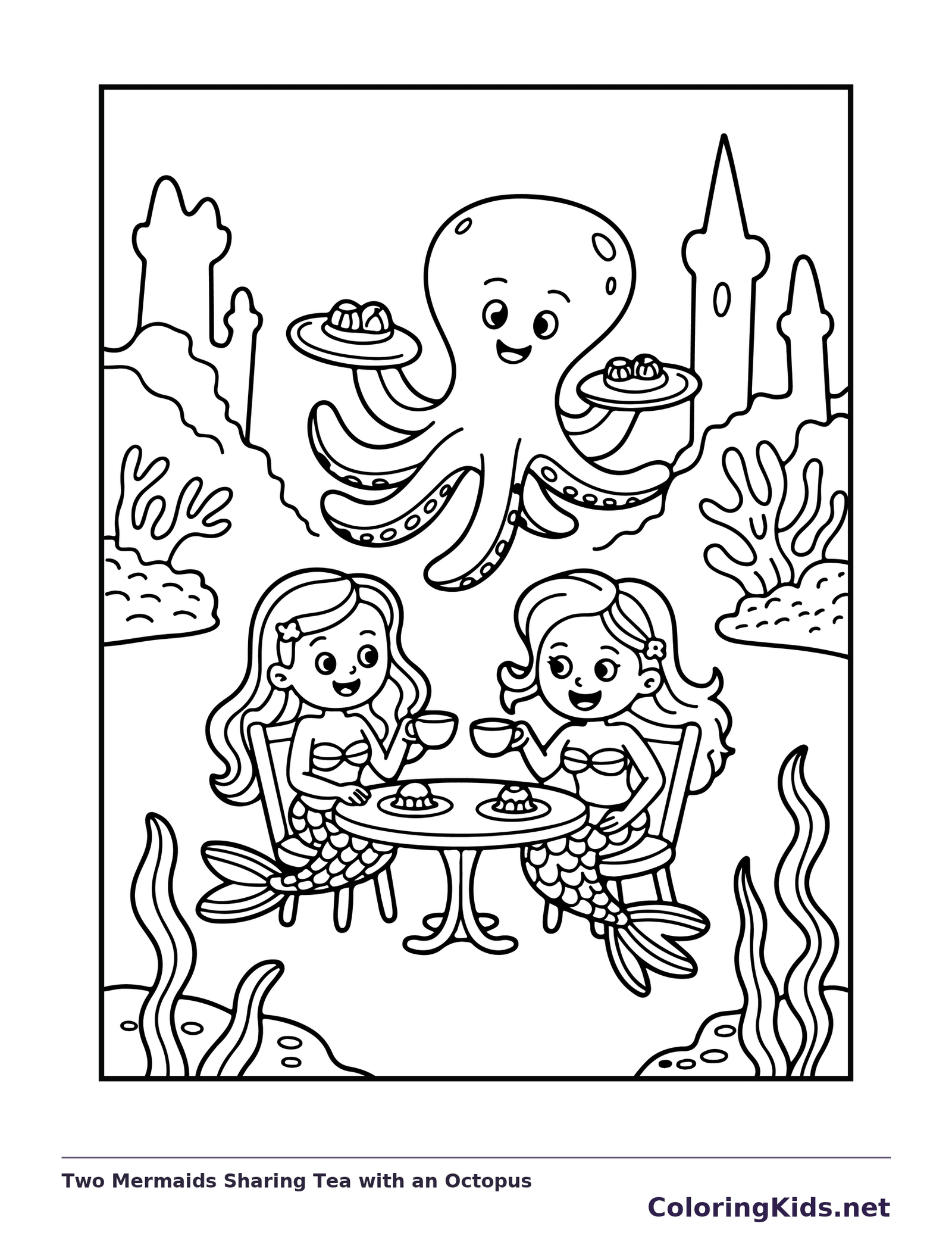 Black and white printable drawing of two mermaids sharing tea under an octopus carrying plates