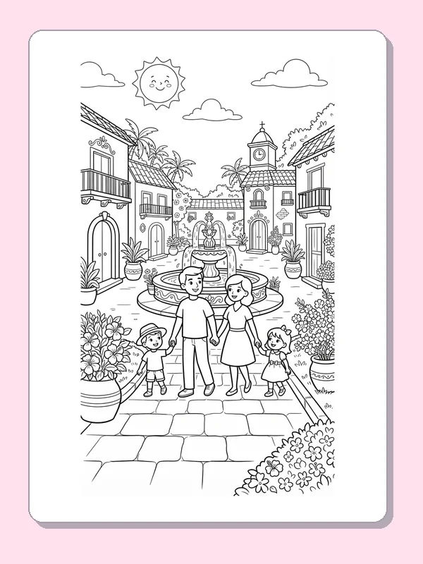 Family walking through a plaza with fountain and hanging banners