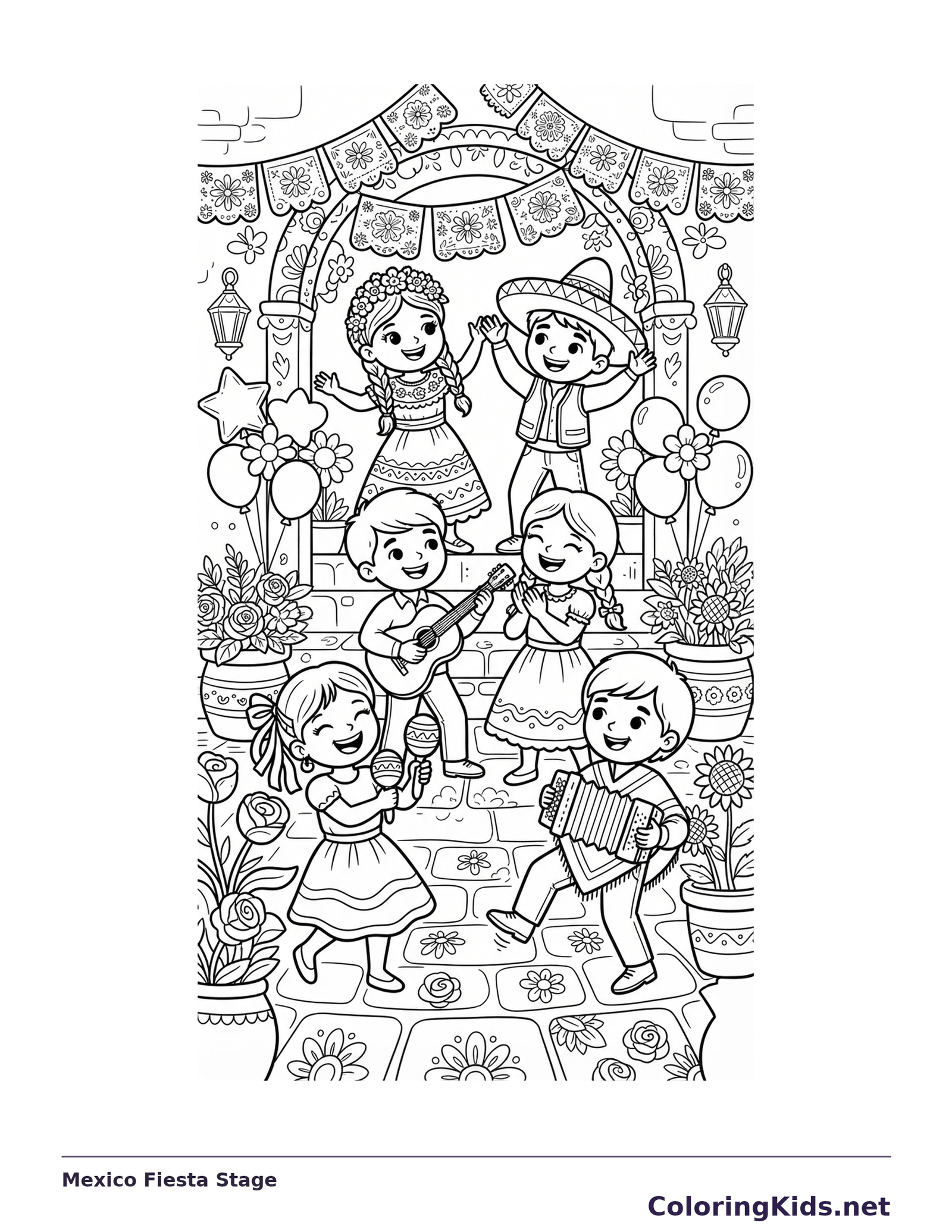 A group of children dancing on a decorated stage beneath party banners.