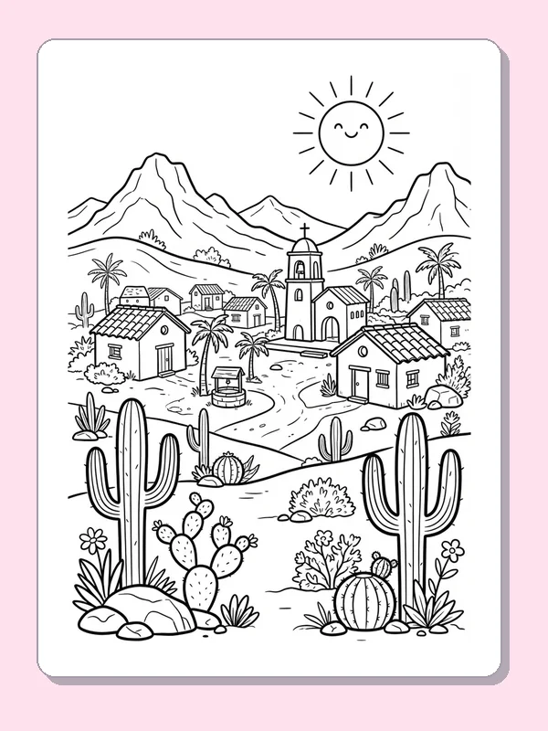 Mountain village scene with houses, cactus and prickly pear