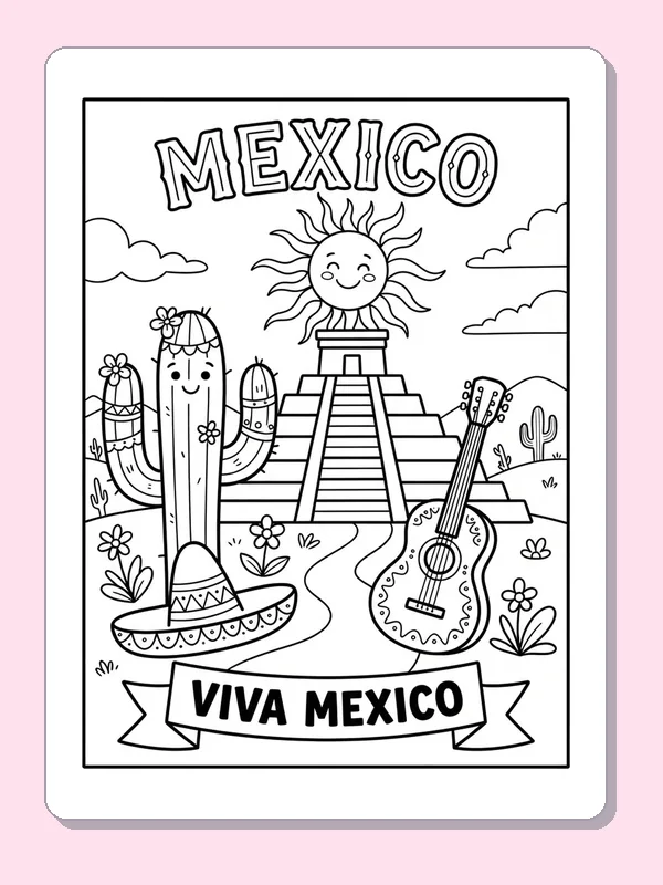 Mexico poster with pyramid, guitar, cactus and sun