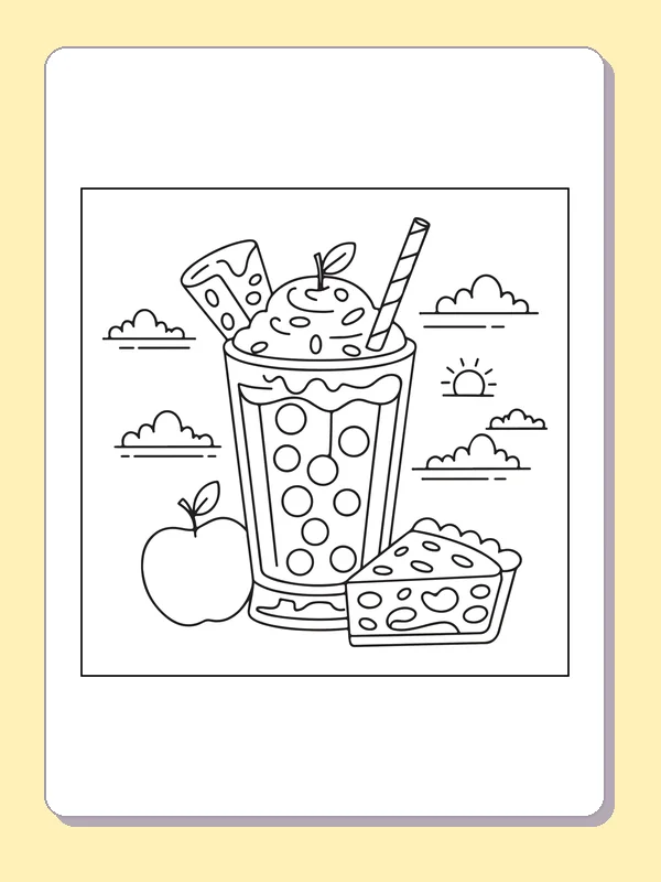 Black and white printable apple and cake milkshake coloring sheet