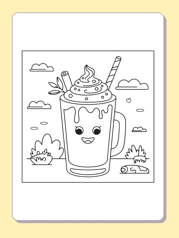 Black and white printable happy mug milkshake coloring sheet