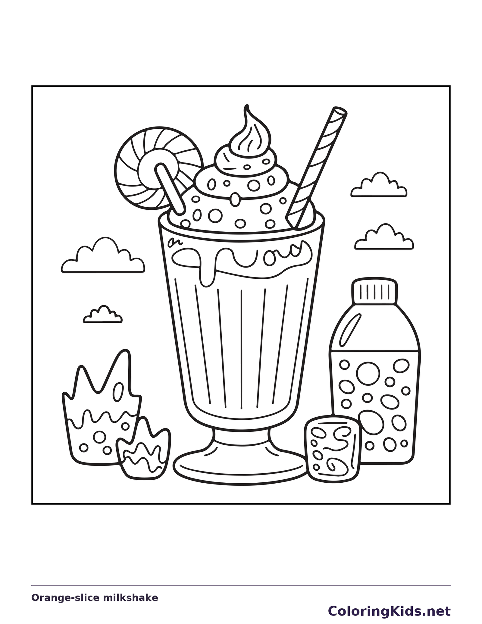 Black and white printable orange-slice milkshake coloring sheet