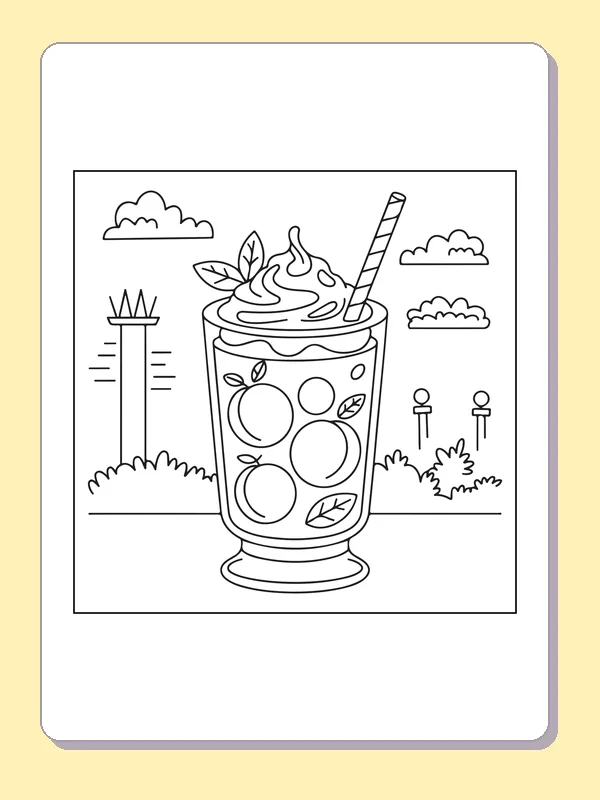 Black and white printable peach-pattern milkshake glass coloring sheet