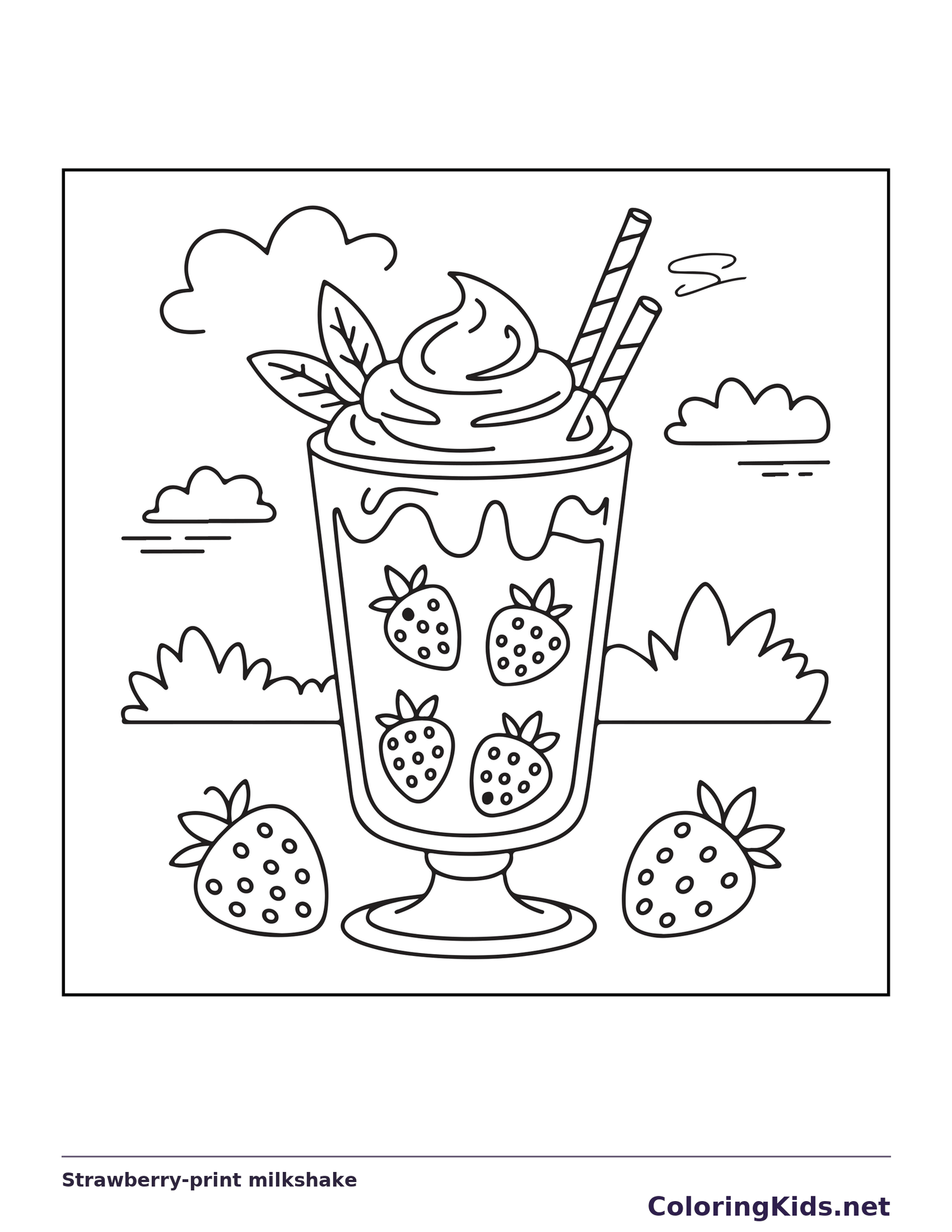 Black and white printable strawberry-print milkshake coloring sheet