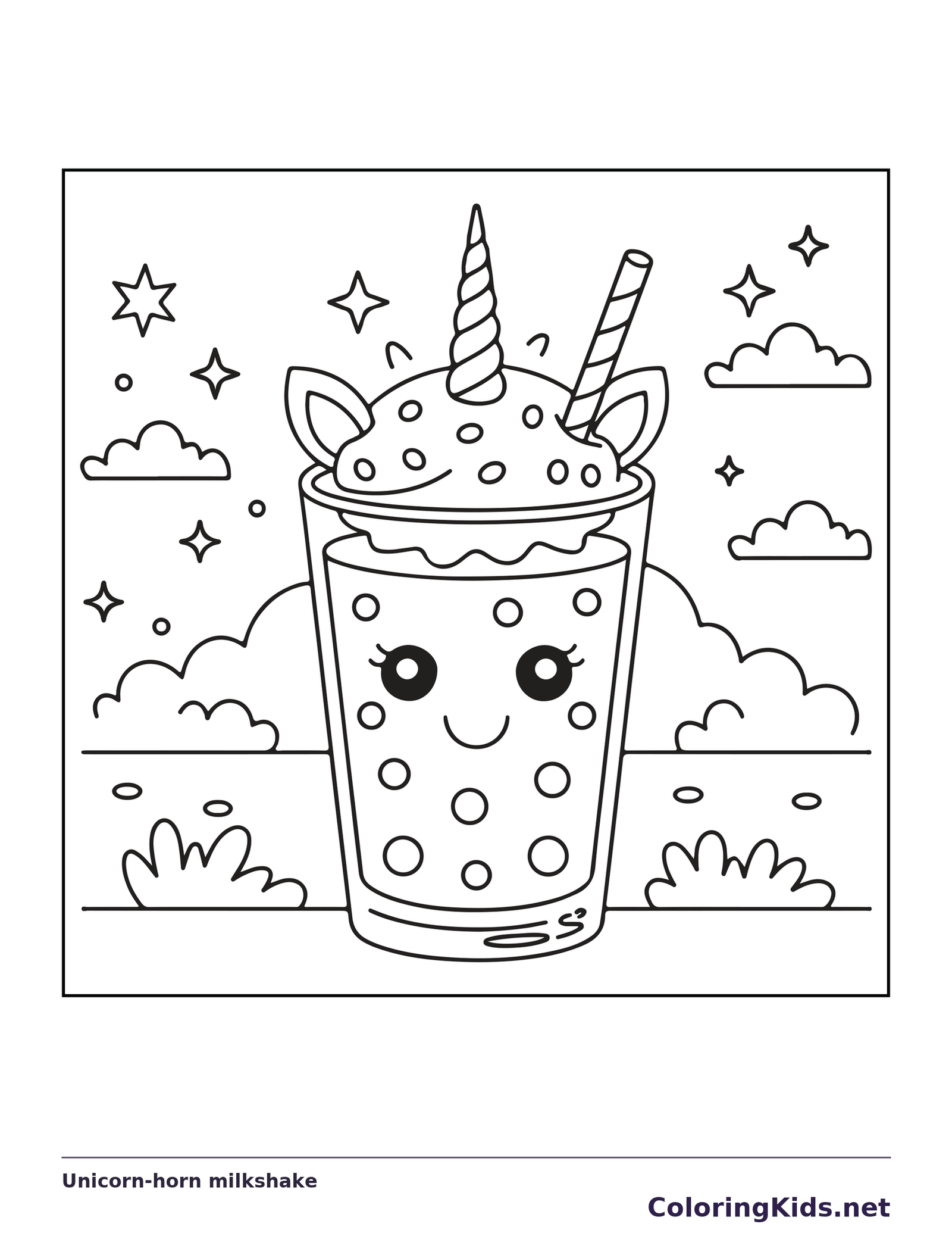 Black and white printable unicorn-horn milkshake coloring sheet