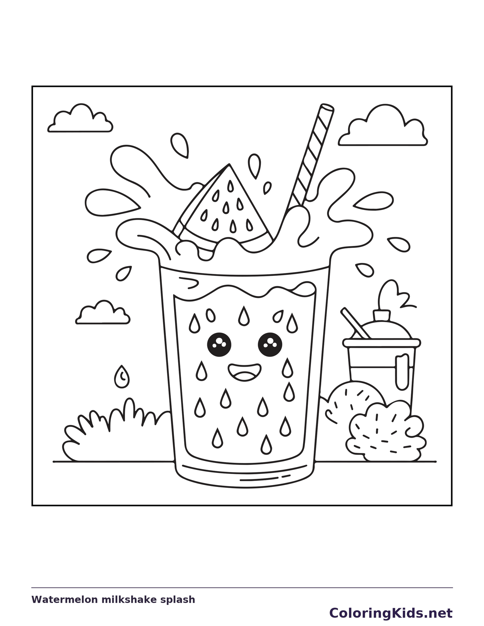 Black and white printable watermelon milkshake splash coloring sheet