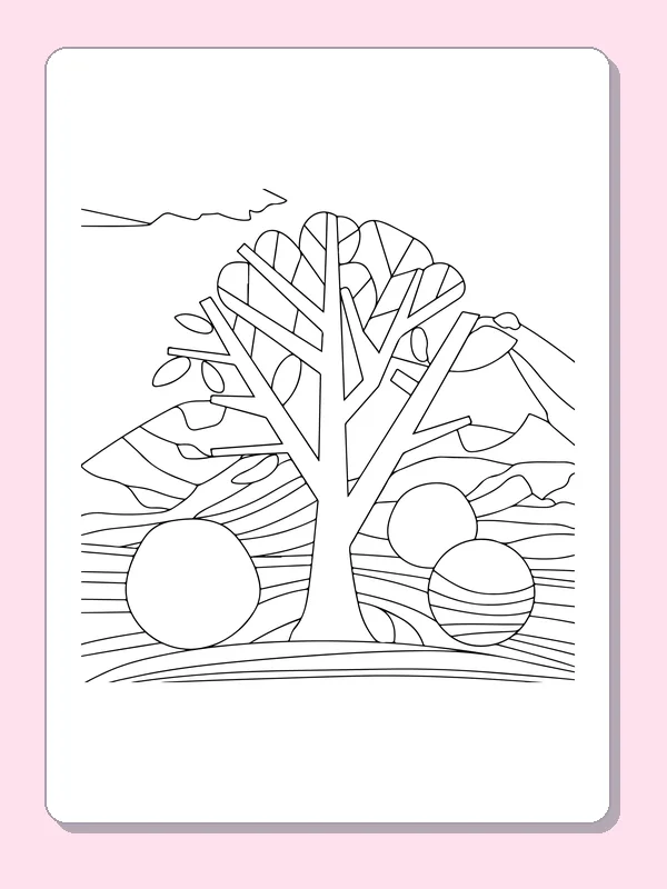 Black and white printable abstract tree and hills coloring sheet