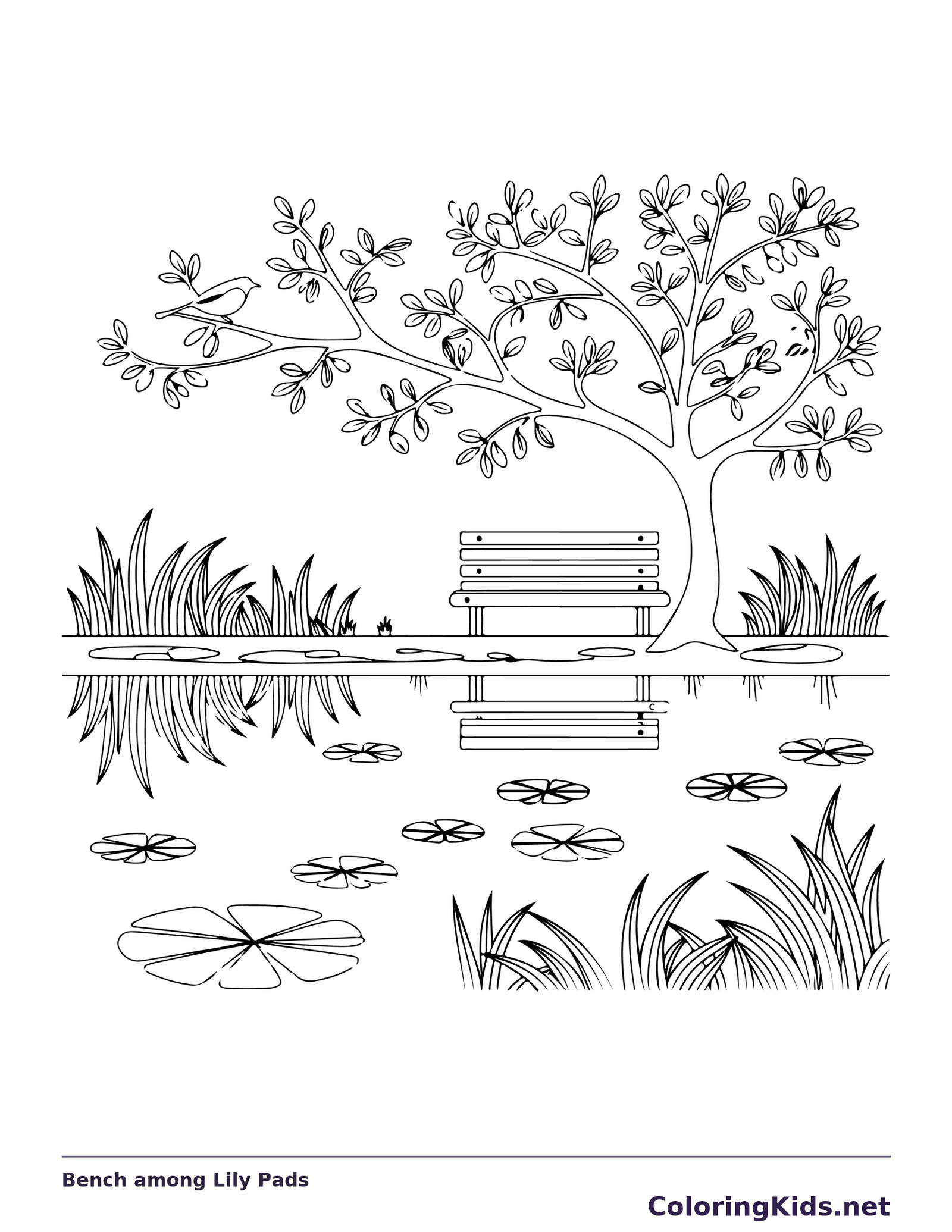 Black and white printable bench among lily pads coloring sheet