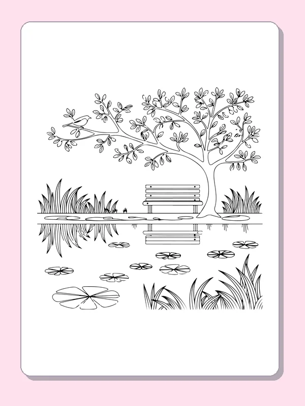 Black and white printable bench among lily pads coloring sheet