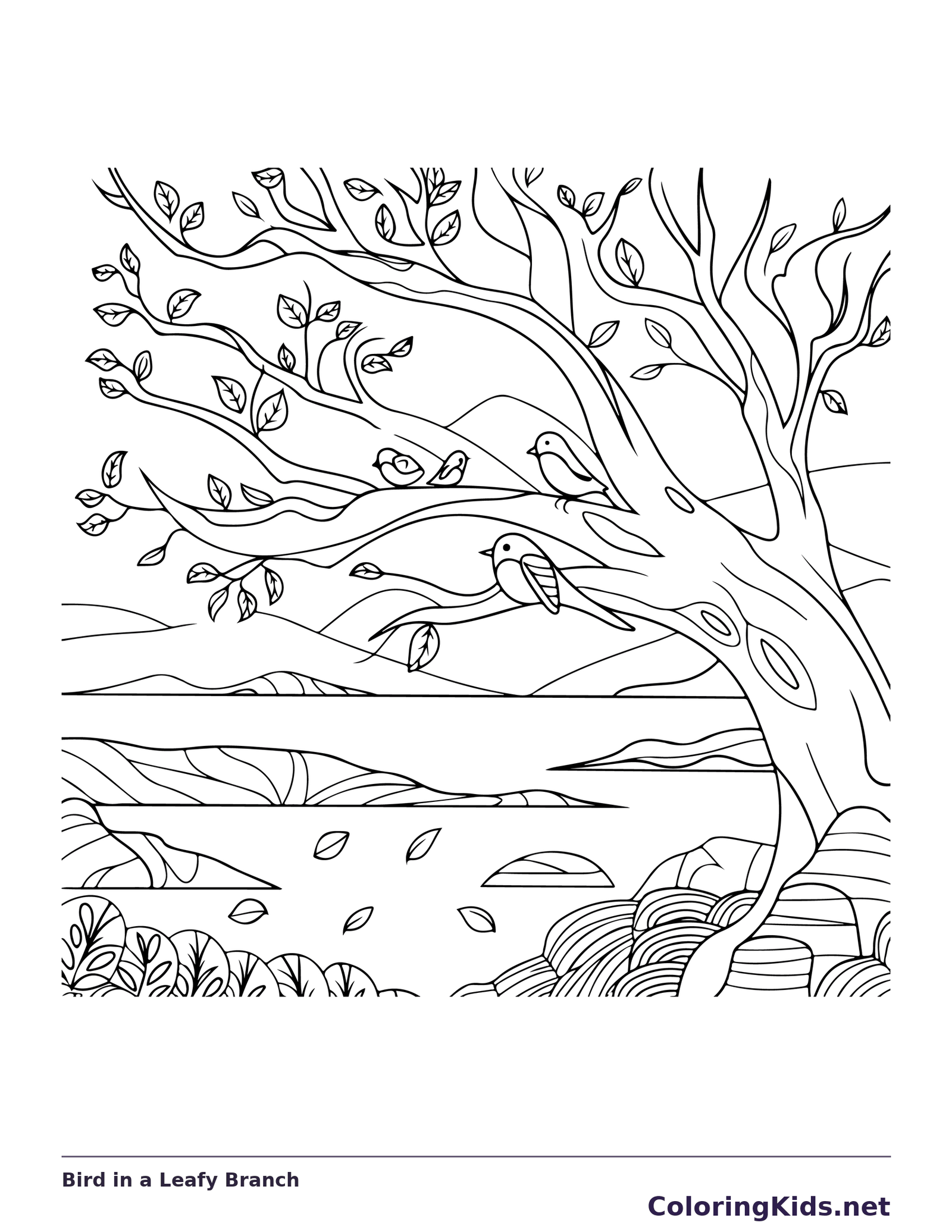 Black and white printable bird in a leafy branch coloring sheet