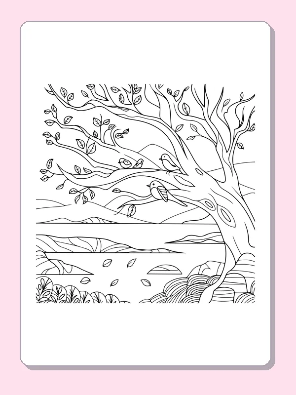 Black and white printable bird in a leafy branch coloring sheet