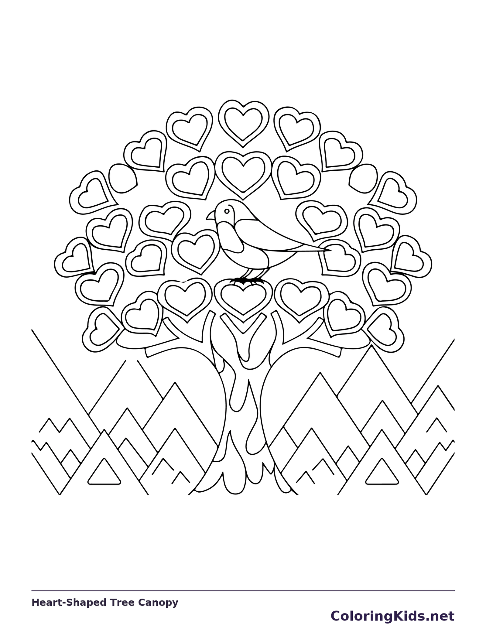 Black and white printable heart-shaped tree canopy coloring sheet