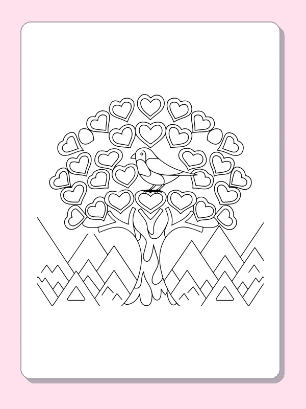 Black and white printable heart-shaped tree canopy coloring sheet