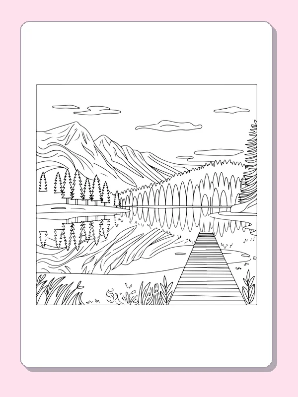 Black and white printable long dock on a calm lake coloring sheet