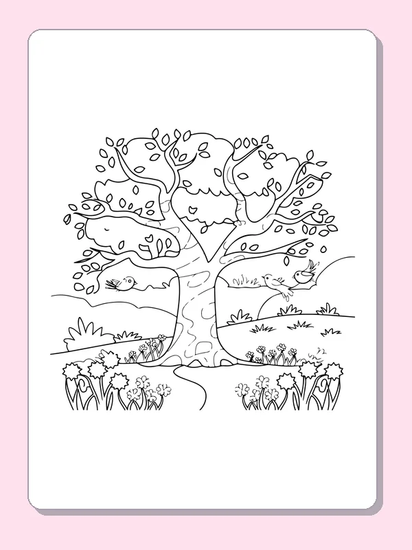 Black and white printable many-leaved garden tree coloring sheet