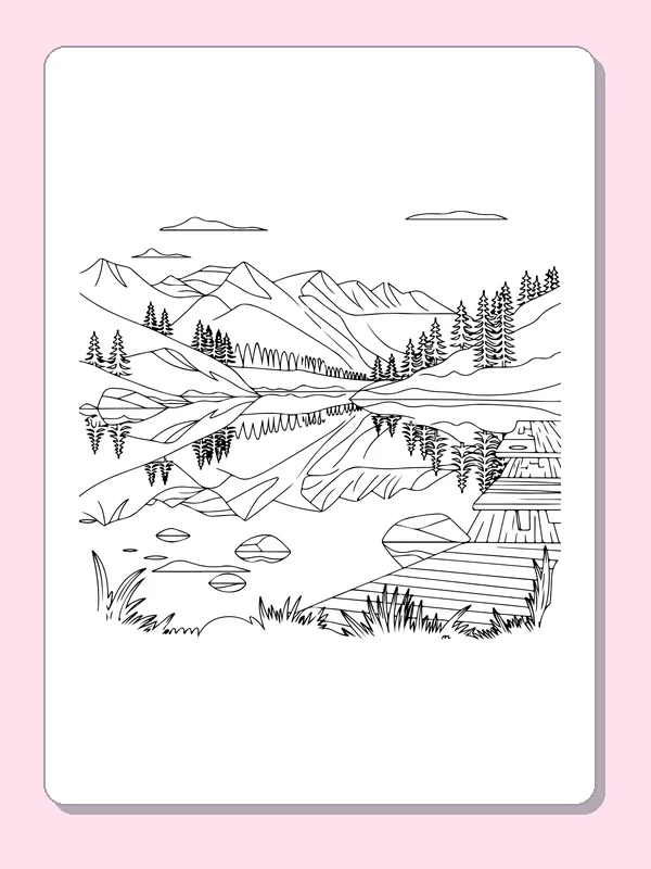 Black and white printable mountain lake with wooden dock coloring sheet