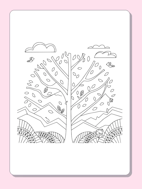 Black and white printable patterned tree above water coloring sheet