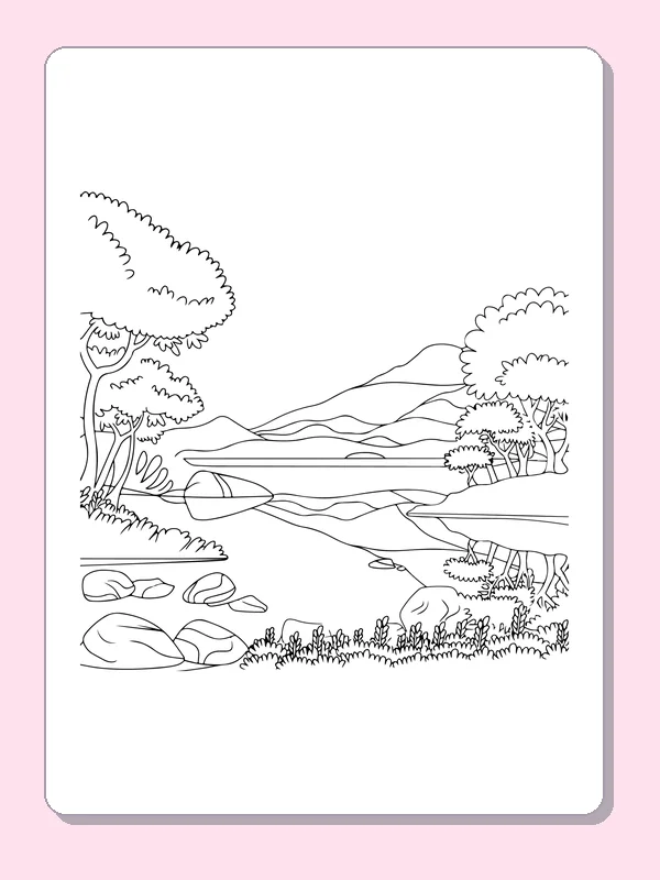 Black and white printable river between mountain banks coloring sheet