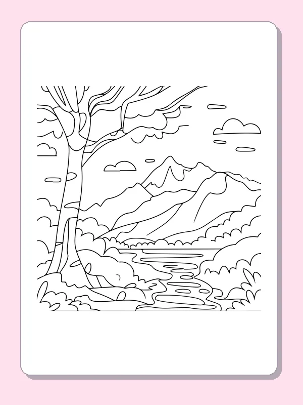 Black and white printable tree and stream below mountains coloring sheet