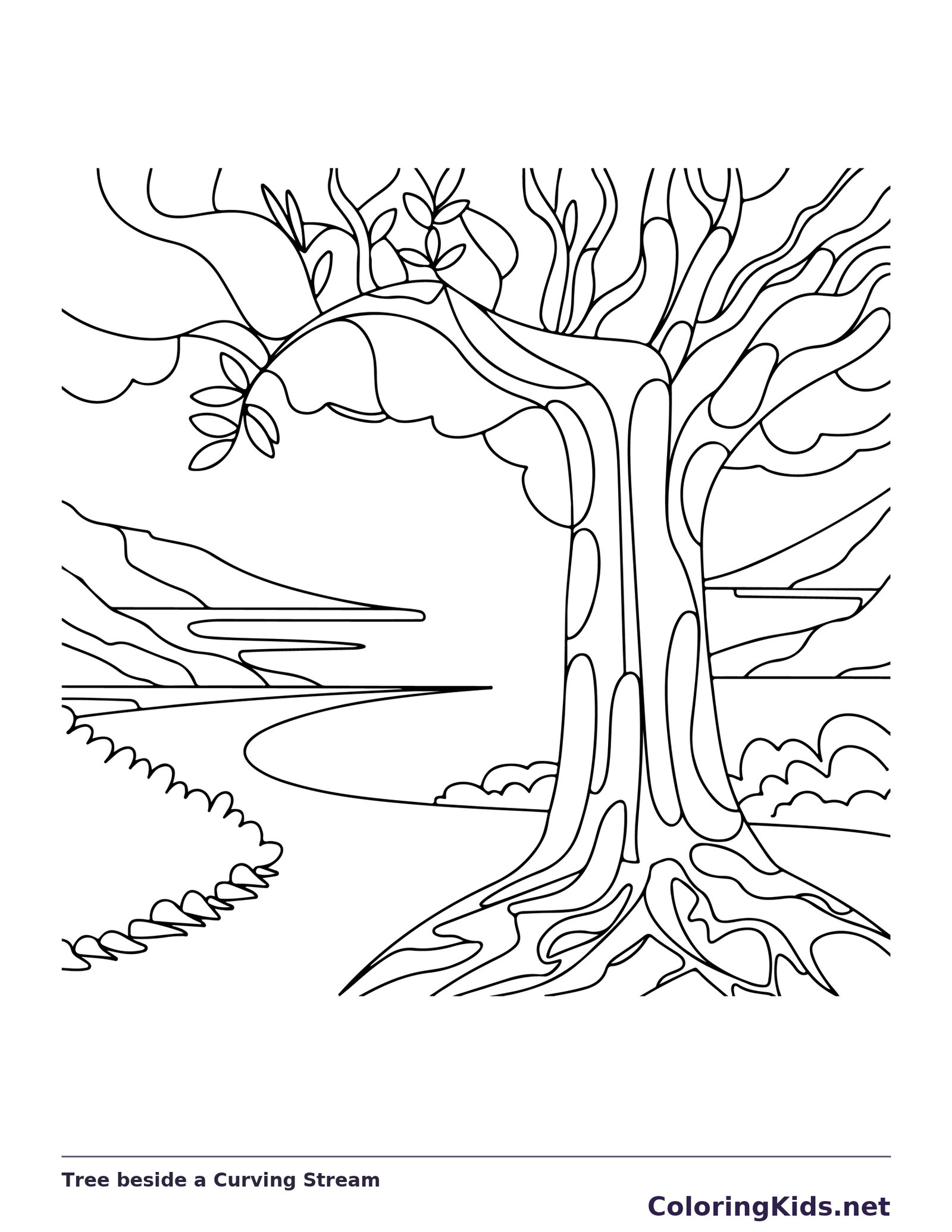 Black and white printable tree beside a curving stream coloring sheet