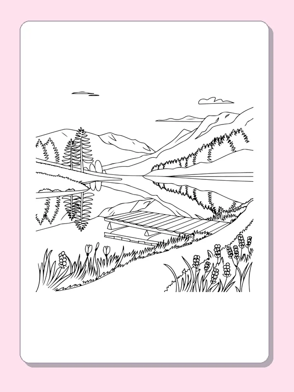Black and white printable wildflowers beside the lake coloring sheet