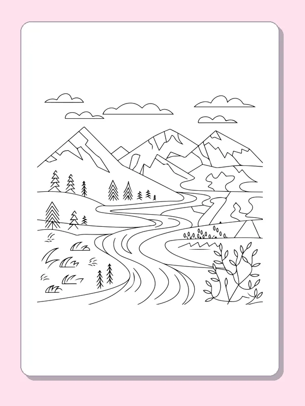 Black and white printable winding mountain road coloring sheet